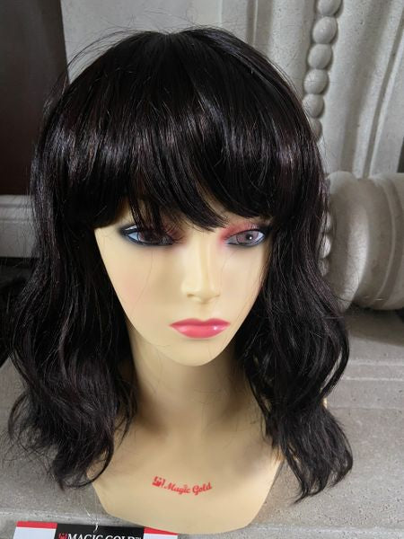 Joceylyn- solid brown MediumLength Wig with Soft Waves and Full Feathered Bangs heat resistant synthetic wig