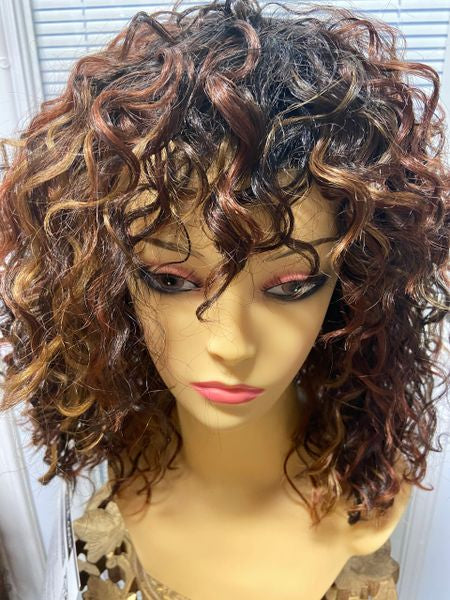 Layla- Ombré black, brown,copper & burgundy blends, mid length, spiral curls, heat resistant synthetic wig