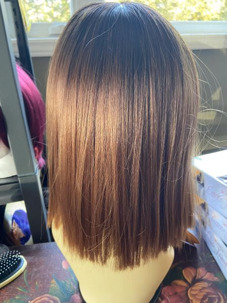 Nuru- dark brown ombre to brown blends angled bob middle part lace front synthetic wigs