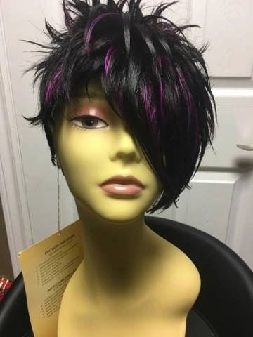 Mily-black with hot pink highlights, short, spiky synthetic wig