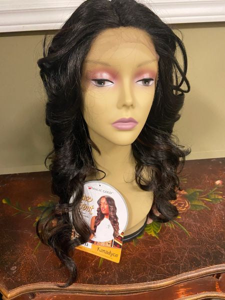 Kanadyce -black with copper highlights, long wavy, lace front synthetic wig