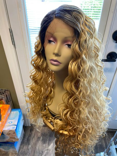 Vivi- black to blonde ombre extra long & extra body, wavy lace front middle part synthetic wig