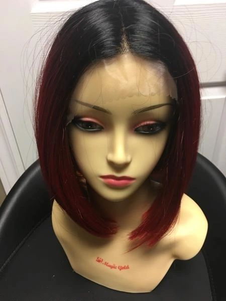 Berry-black to red wine ombre, lace front long bob synthetic wig