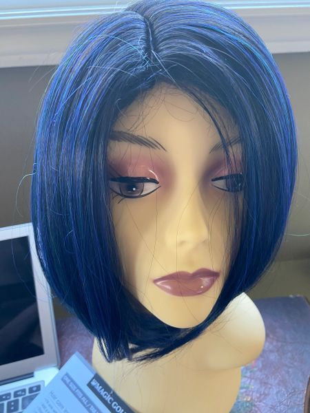 Rue  black to sea blue ombre-chin length bob heat resistant synthetic wigs