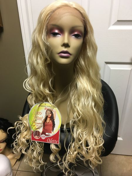 Odette -solid platinum blonde extra long, wavy, Lace Front heat resistant synthetic wig