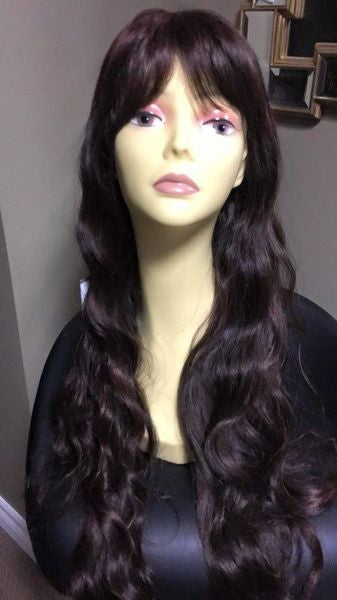 Laila-Brown with burgundy highlights extra long synthetic wig Heat resistant
