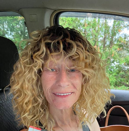 Layla- Ombré black to blonde, mid length, spiral curls, heat resistant synthetic wig