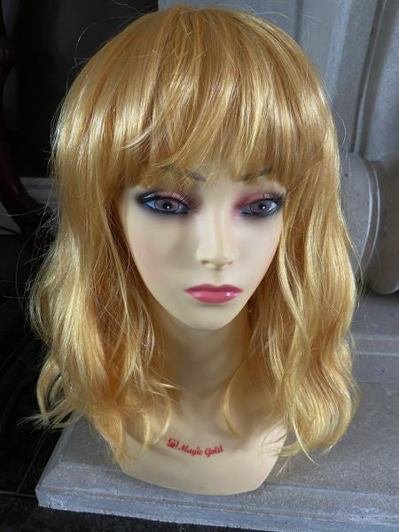 Joceylyn- golden blonde MediumLength Wig with Soft Waves and Full Feathered Bangs heat resistant synthetic wig