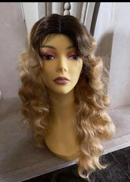 Karasel- black to blonde ombre, middle part, finger wave, long ,heat resistant synthetic wig