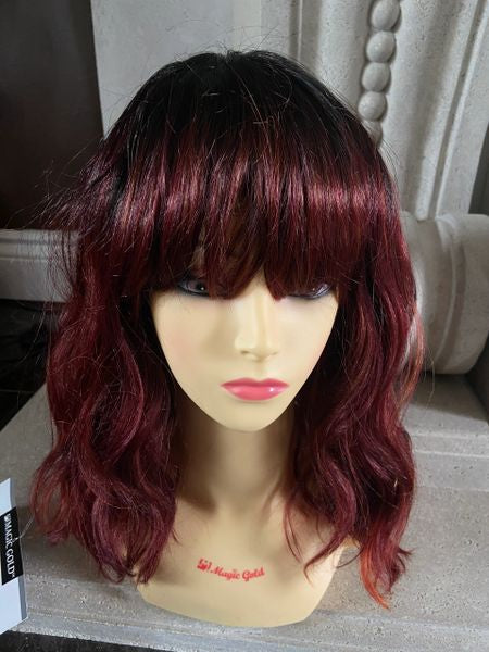 Joceylyn-brown to burgundy ombre MediumLength Wig with Soft Waves and Full Feathered Bangs heat resistant synthetic wig