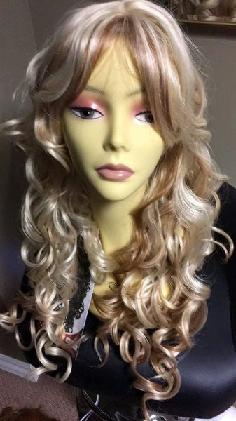 Yoselin-platinum blonde with copper highlights long synthetic Wig
