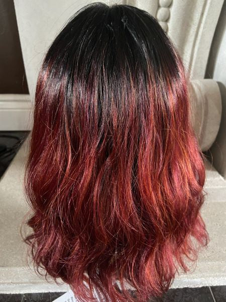Joceylyn-brown to burgundy ombre MediumLength Wig with Soft Waves and Full Feathered Bangs heat resistant synthetic wig