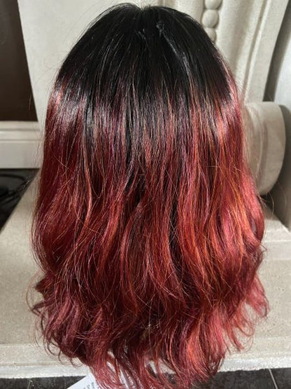 Joceylyn-brown to burgundy ombre MediumLength Wig with Soft Waves and Full Feathered Bangs heat resistant synthetic wig