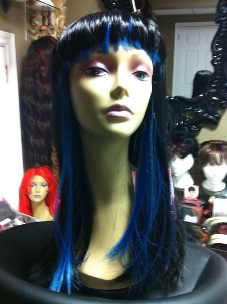 Tatiana- Black with Blue peekaboo, straight bangs medium length straight synthetic wig