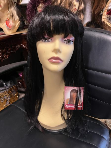 Tatiana- Black with deep copper highlights and  peekaboo, straight bangs medium length straight synthetic wig