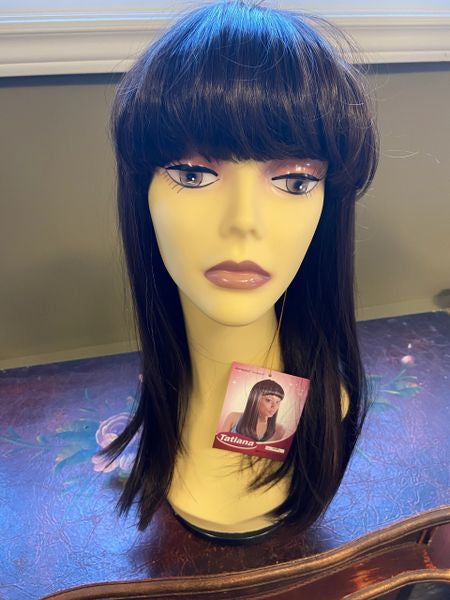 Tatiana- Brown with deep copper highlights and  peekaboo, straight bangs medium length straight synthetic wig