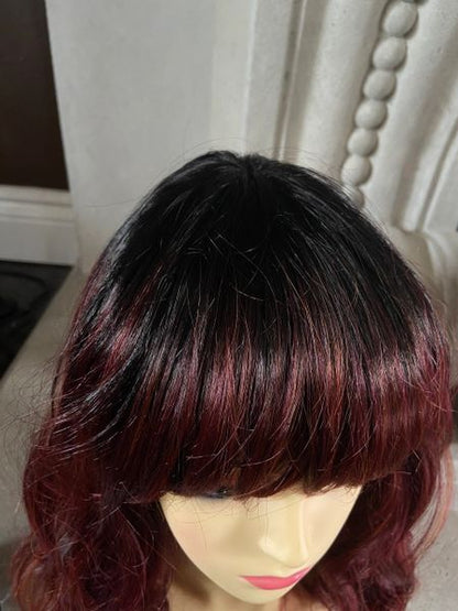 Joceylyn-brown to burgundy ombre MediumLength Wig with Soft Waves and Full Feathered Bangs heat resistant synthetic wig