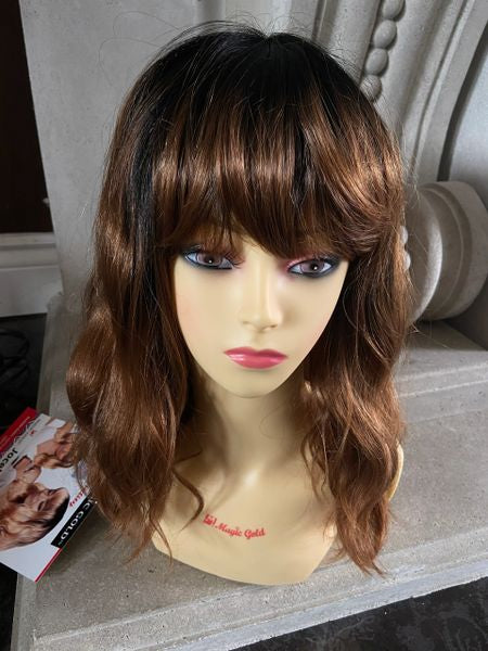 Joceylyn-dark brown to golden brown ombre MediumLength Wig with Soft Waves and Full Feathered Bangs heat resistant synthetic wig