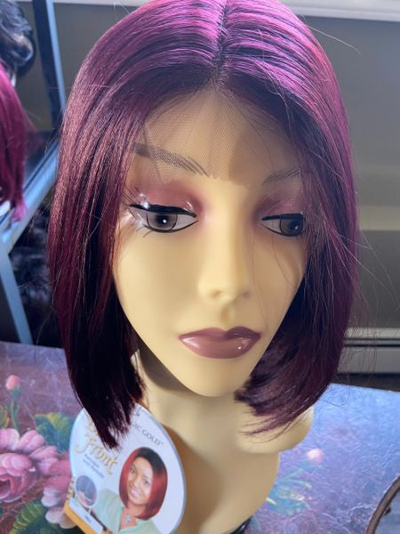 Berry-burgundy, lace front long bob synthetic wig