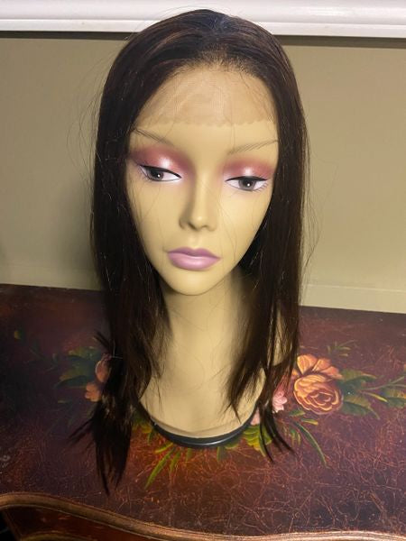 Cleo- brown with copper highlights, free from part, long synthetic wig