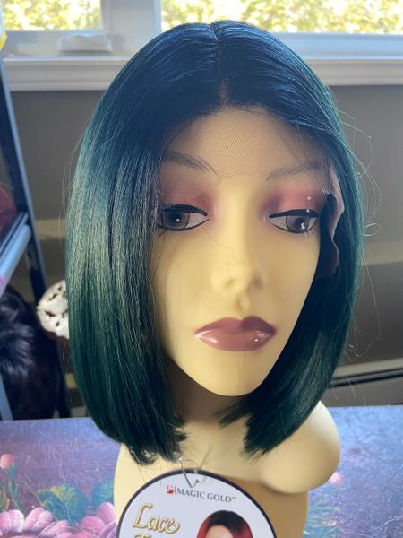 Berry-dark green ombre, lace front long bob synthetic wig