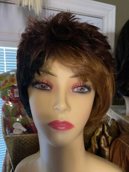 Amaya-Black with brown highlights, short, spiky, synthetic wig