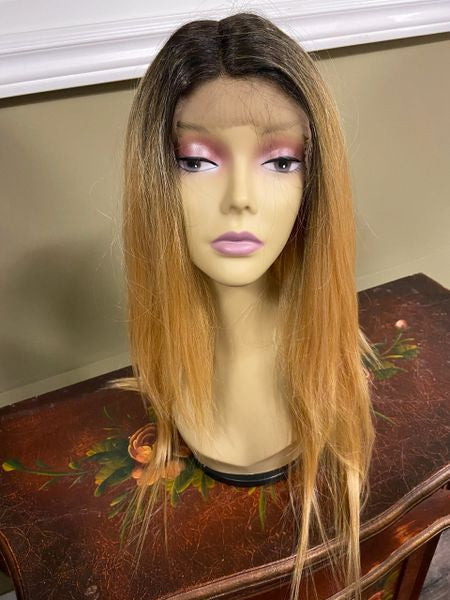 Arya- black to blonde ombre long straight lace front middle part heat resistant synthetic wigs