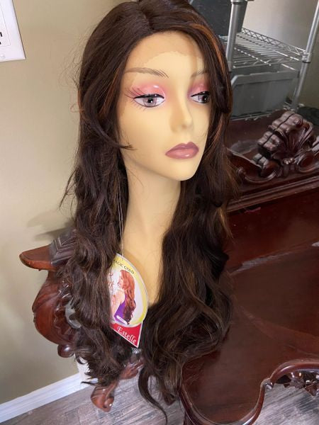 Estelle -Dark brown with copper highlights  extra long heat resistant lace front synthetic wig (Copy)