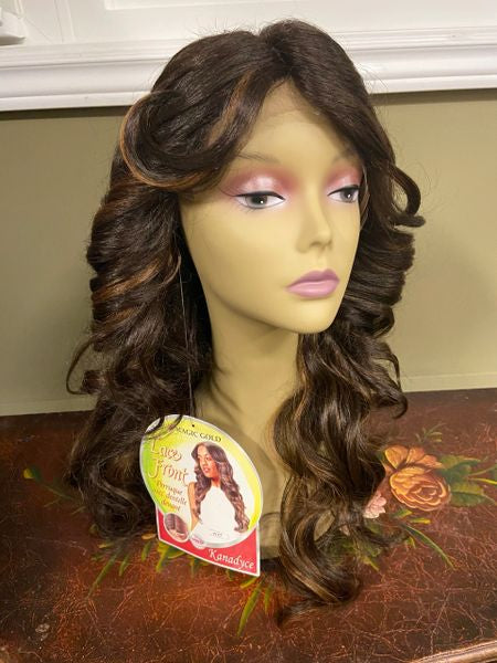 Kanadyce -brown with copper highlights, long wavy, lace front synthetic wig