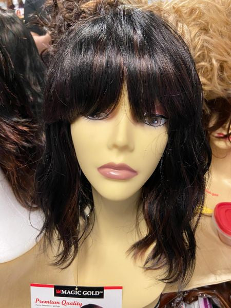Joceylyn- black with burgundy highlights Medium Length Wig with Soft Waves and Full Feathered Bangs heat resistant synthetic wig