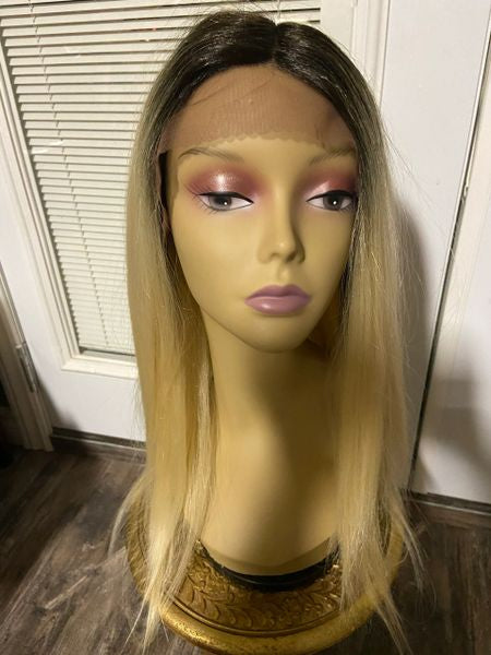 Arya- black to platinum blonde ombre long straight lace front middle part heat resistant synthetic wig