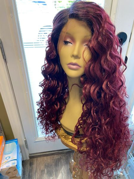 Vivi- black ombre to burgundy or wine extra long & extra body, wavy lace front middle part synthetic wig