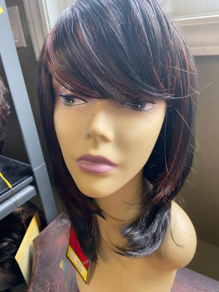 Abigail- black with burgundy highlights, medium-length synthetic wig