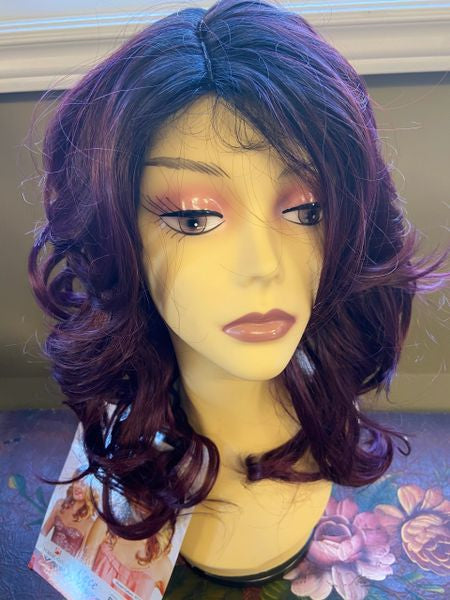 Cece- Black to plum purple ombre medium length heat resistant synthetic wig (