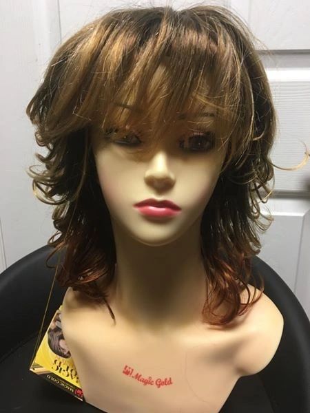 Anya- tricolour, brown, blonde, copper blends, shoulder length, synthetic wigs