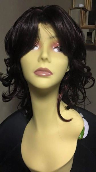 Tess-brown with burgundy highlights, shoulder length, synthetic wig