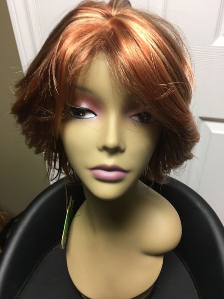 Devon-Red with blonde and copper highlights, short bob, synthetic wig