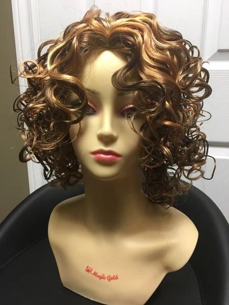 Roxy- copper combination, short, springy curls, synthetic wig