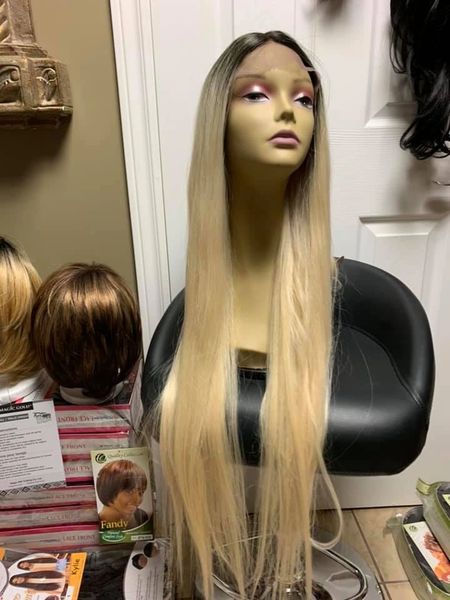 Kylie- Ombre dark brown to platinum blonde extra long lace front synthetic wig heat resistant
