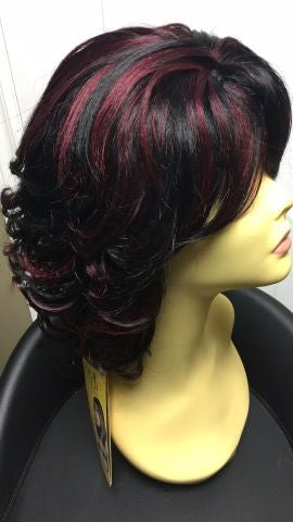 Anya- dark brown with burgundy highlights, shoulder length, synthetic wig