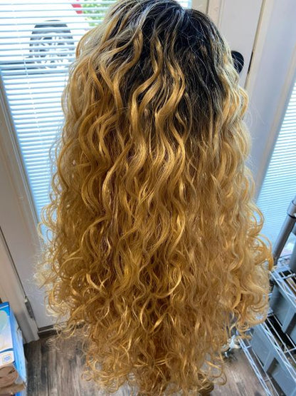 Vivi- black to blonde ombre extra long & extra body, wavy lace front middle part synthetic wig