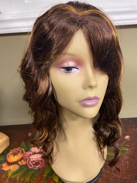 Dona-chocolate brown with copper highlights, loose and wavy curls, long, synthetic wig
