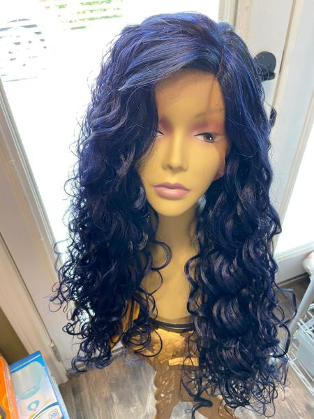 Vivi- blue black or midnight blue extra long & extra body, wavy lace front middle part synthetic wig