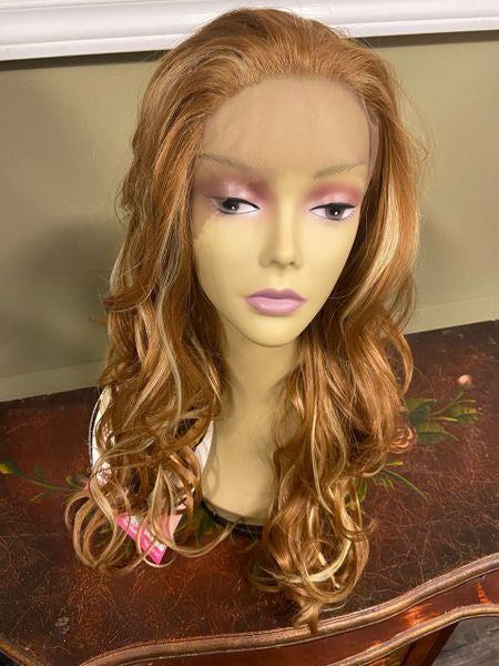 Berenice- strawberry blonde with platinum blonde highlights, long wig,  free part, lace front heat resistant synthetic wig