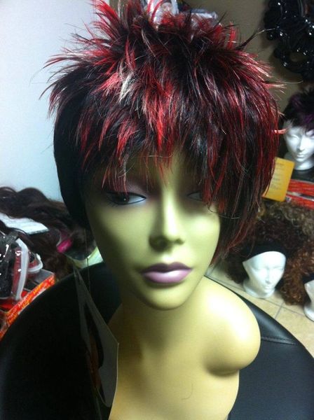 Mily-black with red & blonde highlights, short, spiky synthetic wig