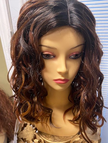 Adria Brown, copper & burgundy blend heat resistant synthetic heat resistant wig