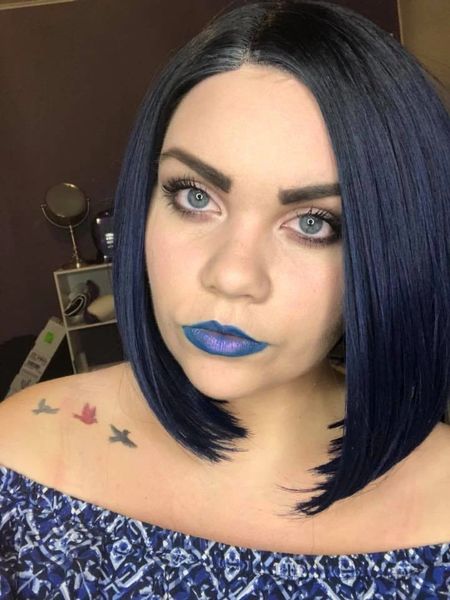 Berry-midnight blue ombre, lace front long bob synthetic wig